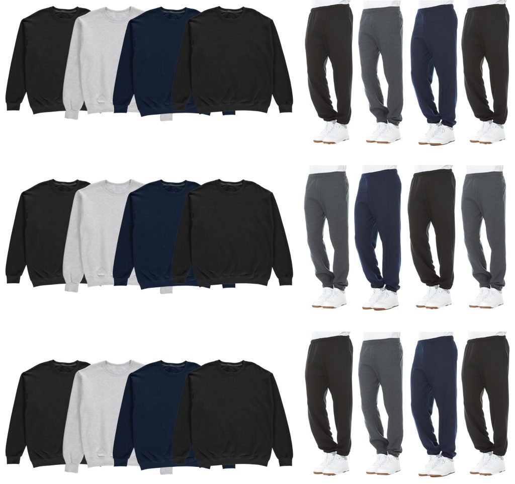 24 Pack of 12 Mens Jogger Pants and 12 Crewneck Sweatshirts, Bulk Wholesale Popular Donation Charities Events