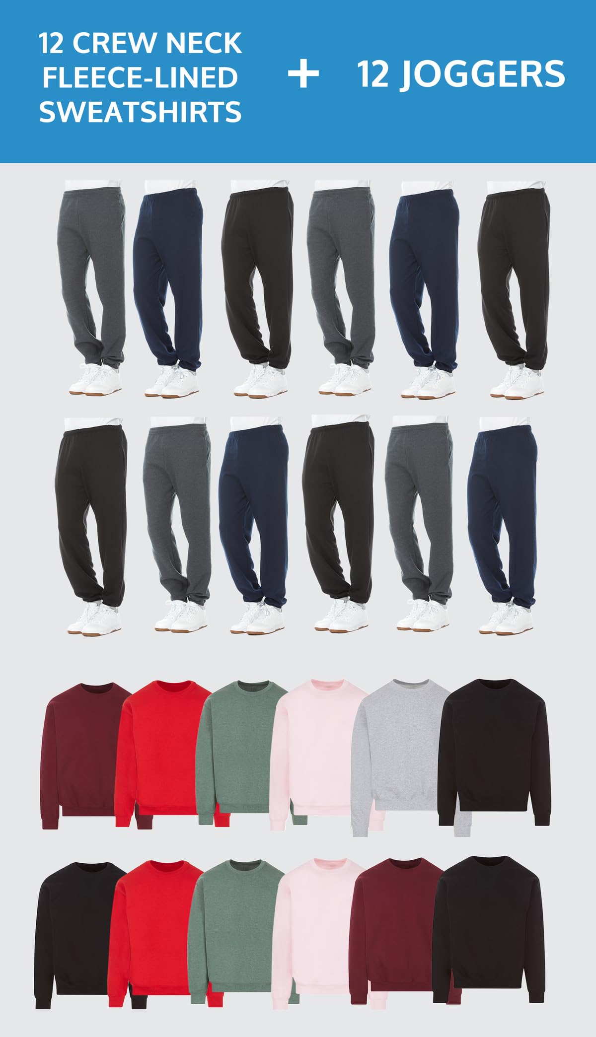 24 Pack of 12 Mens Jogger Pants and 12 Crewneck Sweatshirts, Bulk Wholesale Popular Donation Charities Events - 图片 3